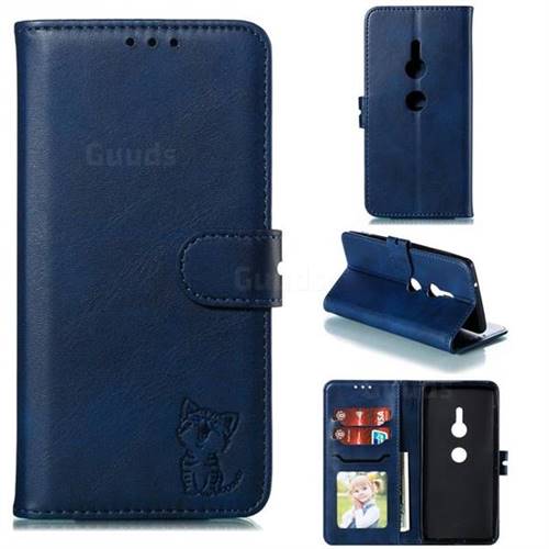 Embossing Happy Cat Leather Wallet Case for Sony Xperia XZ2 - Blue