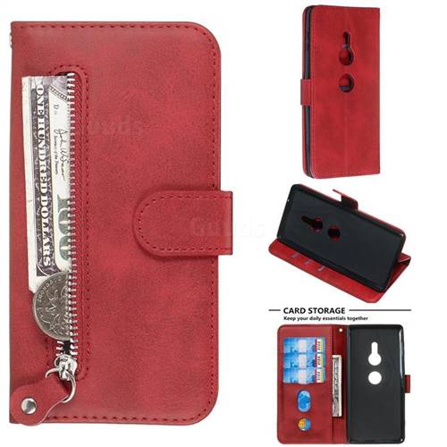 Retro Luxury Zipper Leather Phone Wallet Case for Sony Xperia XZ2 - Red