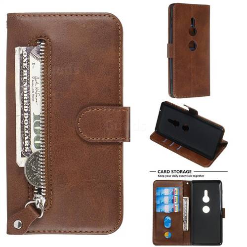 Retro Luxury Zipper Leather Phone Wallet Case for Sony Xperia XZ2 - Brown