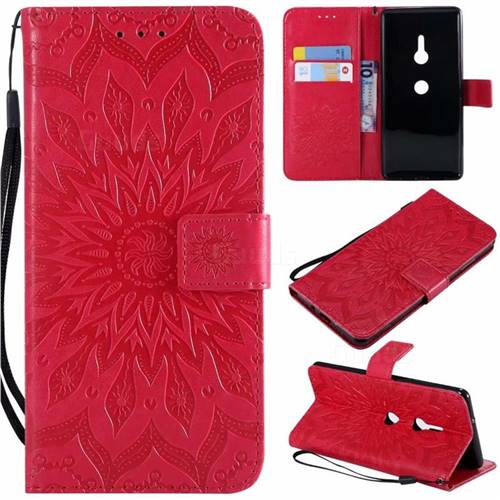 Embossing Sunflower Leather Wallet Case for Sony Xperia XZ2 - Red
