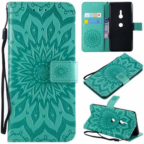 Embossing Sunflower Leather Wallet Case for Sony Xperia XZ2 - Green