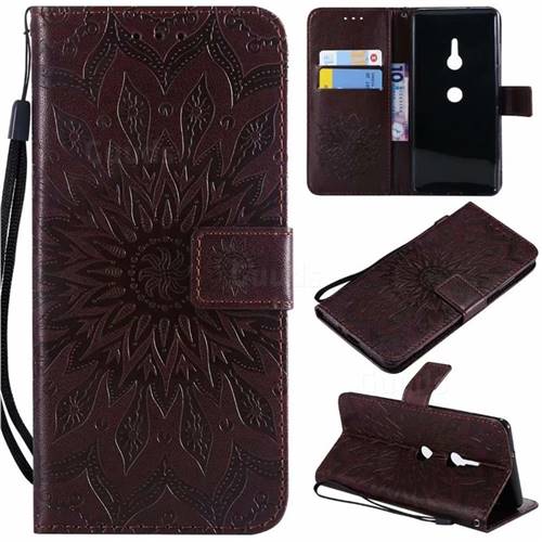 Embossing Sunflower Leather Wallet Case for Sony Xperia XZ2 - Brown
