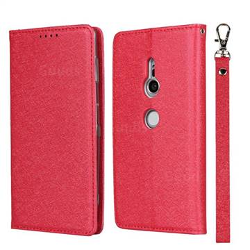 Ultra Slim Magnetic Automatic Suction Silk Lanyard Leather Flip Cover for Sony Xperia XZ2 - Red