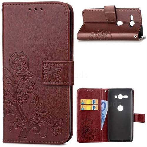Embossing Imprint Four-Leaf Clover Leather Wallet Case for Sony Xperia XZ2 Compact - Brown