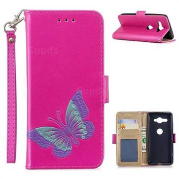 Imprint Embossing Butterfly Leather Wallet Case for Sony Xperia XZ2 Compact - Rose Red