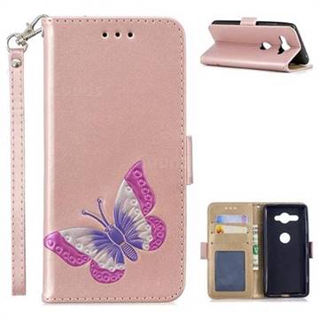 Imprint Embossing Butterfly Leather Wallet Case for Sony Xperia XZ2 Compact - Rose Gold