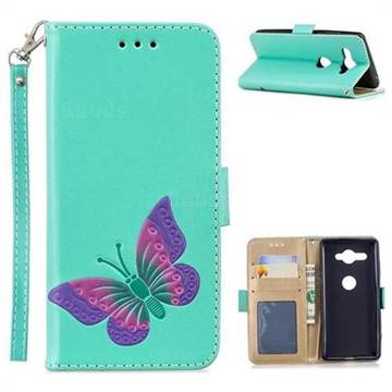 Imprint Embossing Butterfly Leather Wallet Case for Sony Xperia XZ2 Compact - Mint Green