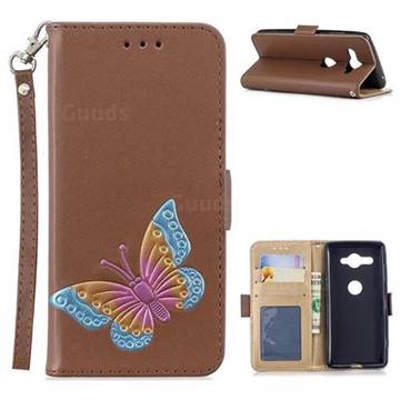 Imprint Embossing Butterfly Leather Wallet Case for Sony Xperia XZ2 Compact - Brown