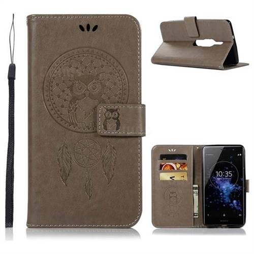 Intricate Embossing Owl Campanula Leather Wallet Case for Sony Xperia XZ2 Premium - Grey