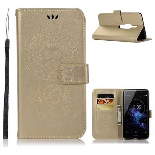 Intricate Embossing Owl Campanula Leather Wallet Case for Sony Xperia XZ2 Premium - Champagne