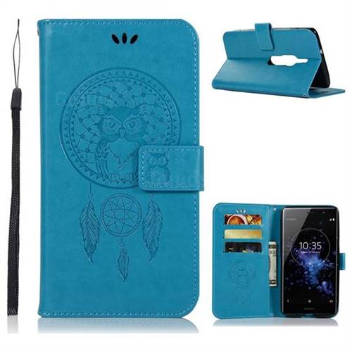 Intricate Embossing Owl Campanula Leather Wallet Case for Sony Xperia XZ2 Premium - Blue