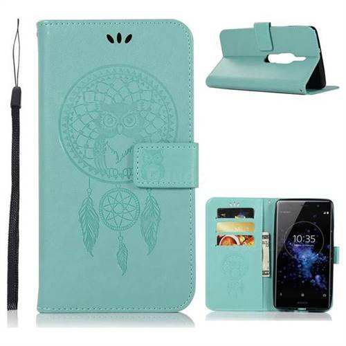 Intricate Embossing Owl Campanula Leather Wallet Case for Sony Xperia XZ2 Premium - Green