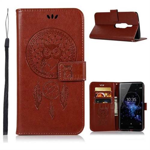 Intricate Embossing Owl Campanula Leather Wallet Case for Sony Xperia XZ2 Premium - Brown