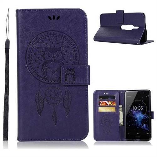 Intricate Embossing Owl Campanula Leather Wallet Case for Sony Xperia XZ2 Premium - Purple