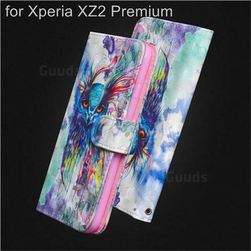 Watercolor Owl 3D Painted Leather Wallet Case for Sony Xperia XZ2 Premium