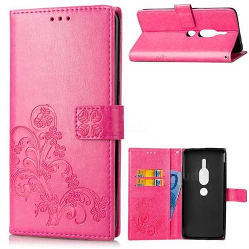 Embossing Imprint Four-Leaf Clover Leather Wallet Case for Sony Xperia XZ2 Premium - Rose