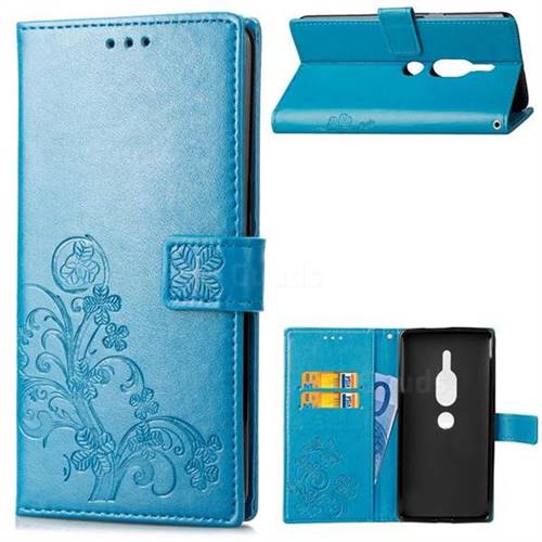 Embossing Imprint Four-Leaf Clover Leather Wallet Case for Sony Xperia XZ2 Premium - Blue