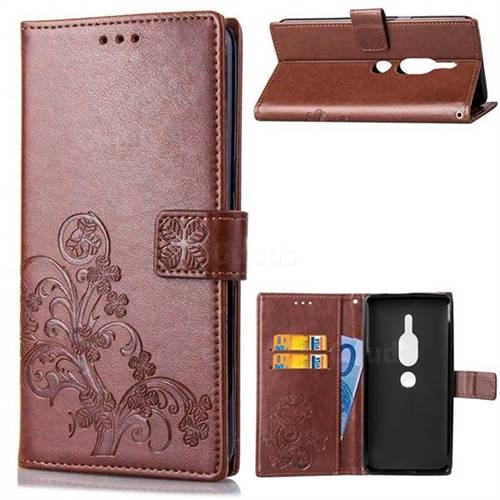 Embossing Imprint Four-Leaf Clover Leather Wallet Case for Sony Xperia XZ2 Premium - Brown