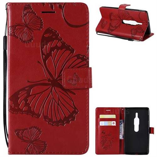 Embossing 3D Butterfly Leather Wallet Case for Sony Xperia XZ2 Premium - Red
