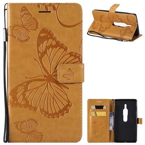 Embossing 3D Butterfly Leather Wallet Case for Sony Xperia XZ2 Premium - Yellow