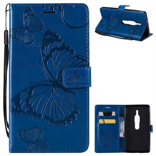 Embossing 3D Butterfly Leather Wallet Case for Sony Xperia XZ2 Premium - Blue