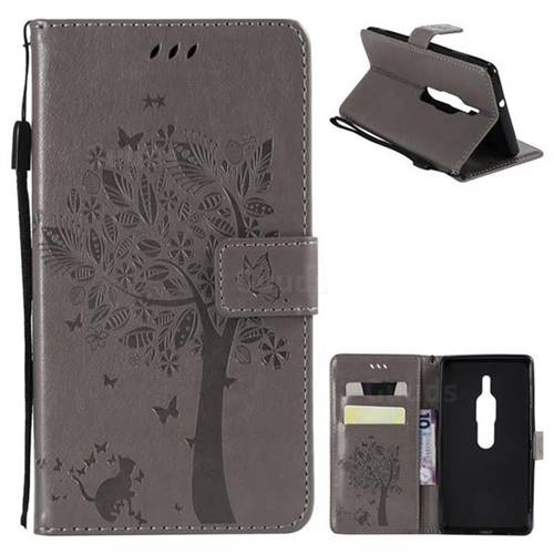 Embossing Butterfly Tree Leather Wallet Case for Sony Xperia XZ2 Premium - Grey