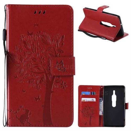 Embossing Butterfly Tree Leather Wallet Case for Sony Xperia XZ2 Premium - Red