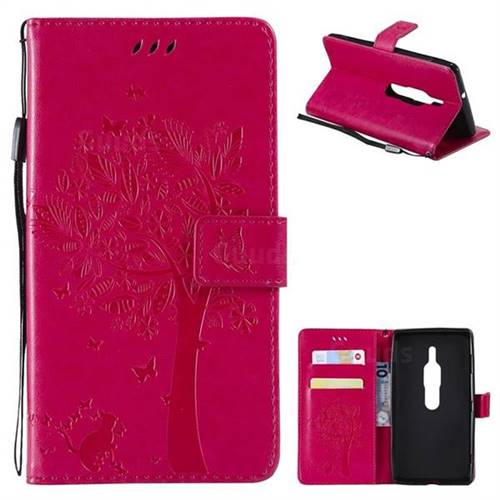 Embossing Butterfly Tree Leather Wallet Case for Sony Xperia XZ2 Premium - Rose
