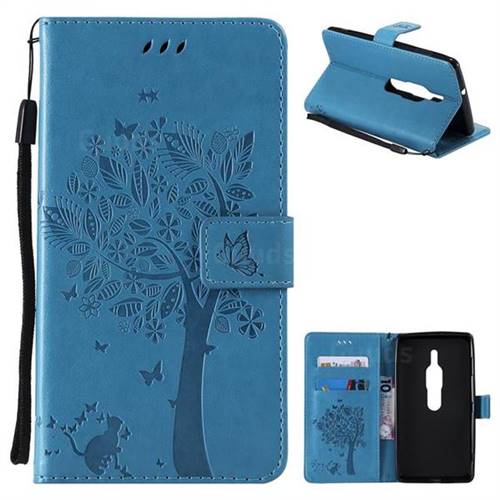 Embossing Butterfly Tree Leather Wallet Case for Sony Xperia XZ2 Premium - Blue