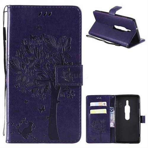 Embossing Butterfly Tree Leather Wallet Case for Sony Xperia XZ2 Premium - Purple