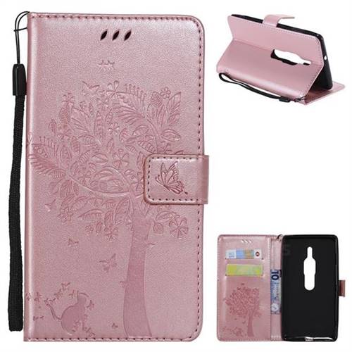 Embossing Butterfly Tree Leather Wallet Case for Sony Xperia XZ2 Premium - Rose Pink