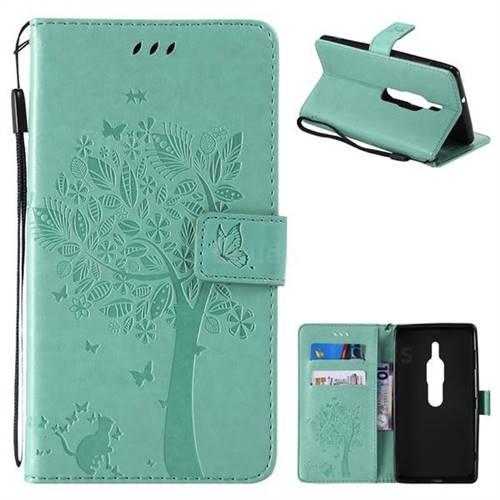 Embossing Butterfly Tree Leather Wallet Case for Sony Xperia XZ2 Premium - Cyan