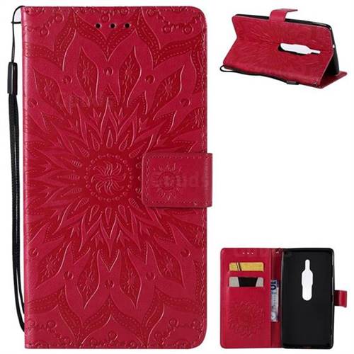 Embossing Sunflower Leather Wallet Case for Sony Xperia XZ2 Premium - Red