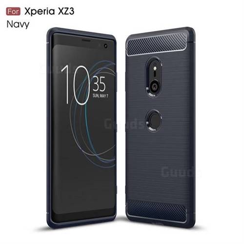 Luxury Carbon Fiber Brushed Wire Drawing Silicone TPU Back Cover for Sony Xperia XZ3 - Navy