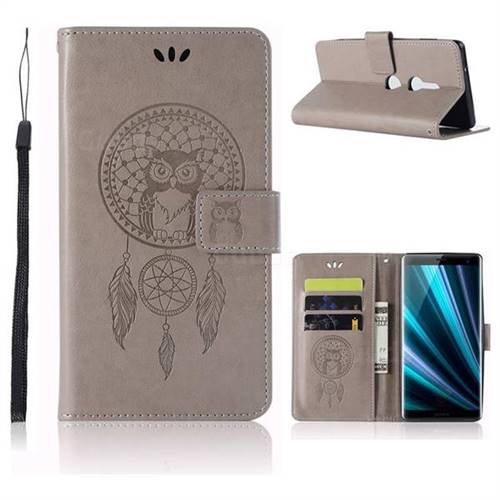 Intricate Embossing Owl Campanula Leather Wallet Case for Sony Xperia XZ3 - Grey