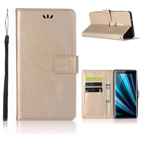 Intricate Embossing Owl Campanula Leather Wallet Case for Sony Xperia XZ3 - Champagne