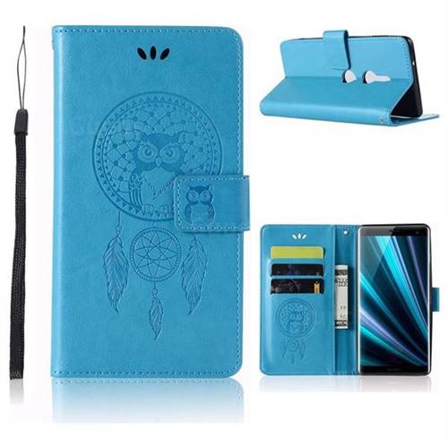 Intricate Embossing Owl Campanula Leather Wallet Case for Sony Xperia XZ3 - Blue