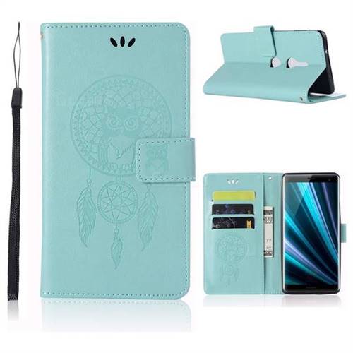 Intricate Embossing Owl Campanula Leather Wallet Case for Sony Xperia XZ3 - Green