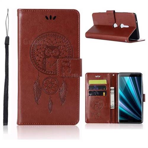 Intricate Embossing Owl Campanula Leather Wallet Case for Sony Xperia XZ3 - Brown