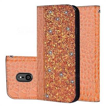 Shiny Crocodile Pattern Stitching Magnetic Closure Flip Holster Shockproof Phone Cases for Sony Xperia XZ3 - Gold Orange