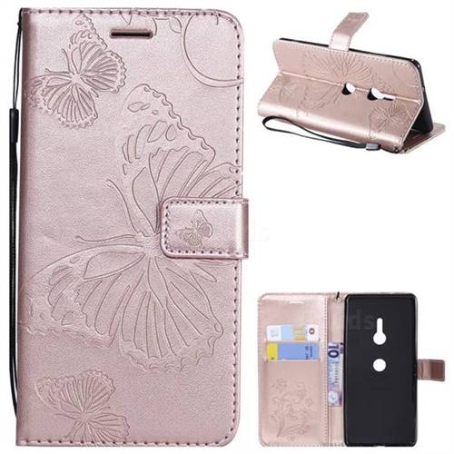 Embossing 3D Butterfly Leather Wallet Case for Sony Xperia XZ3 - Rose Gold