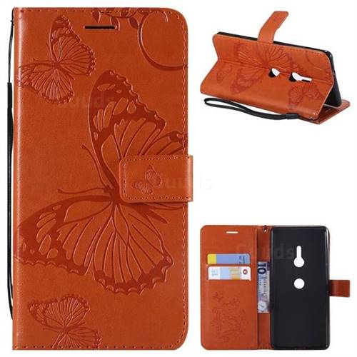 Embossing 3D Butterfly Leather Wallet Case for Sony Xperia XZ3 - Orange