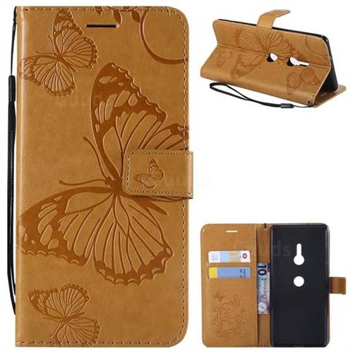Embossing 3D Butterfly Leather Wallet Case for Sony Xperia XZ3 - Yellow
