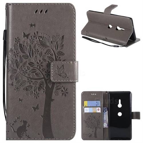 Embossing Butterfly Tree Leather Wallet Case for Sony Xperia XZ3 - Grey