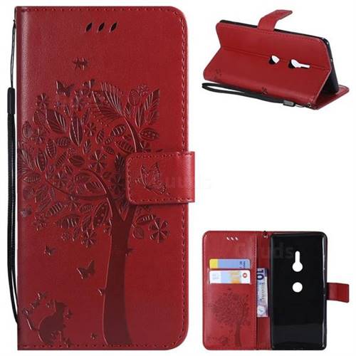 Embossing Butterfly Tree Leather Wallet Case for Sony Xperia XZ3 - Red
