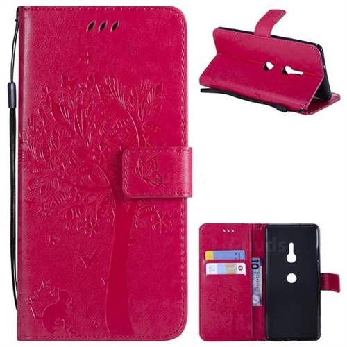 Embossing Butterfly Tree Leather Wallet Case for Sony Xperia XZ3 - Rose