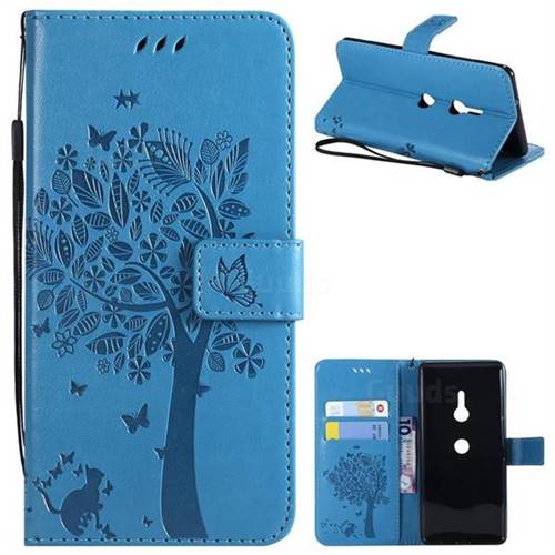 Embossing Butterfly Tree Leather Wallet Case for Sony Xperia XZ3 - Blue