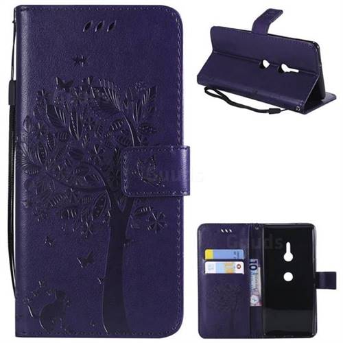 Embossing Butterfly Tree Leather Wallet Case for Sony Xperia XZ3 - Purple