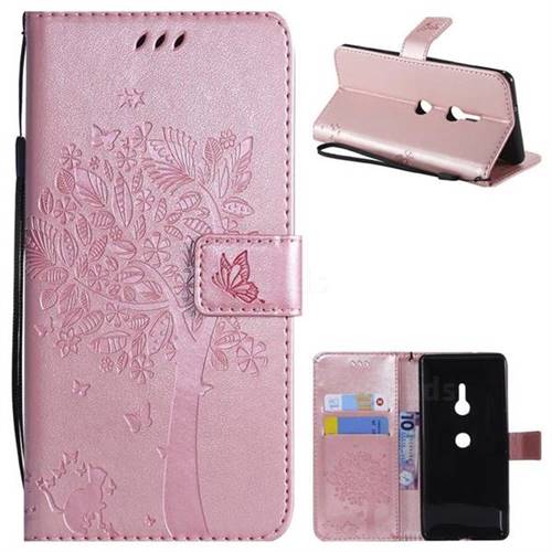 Embossing Butterfly Tree Leather Wallet Case for Sony Xperia XZ3 - Rose Pink