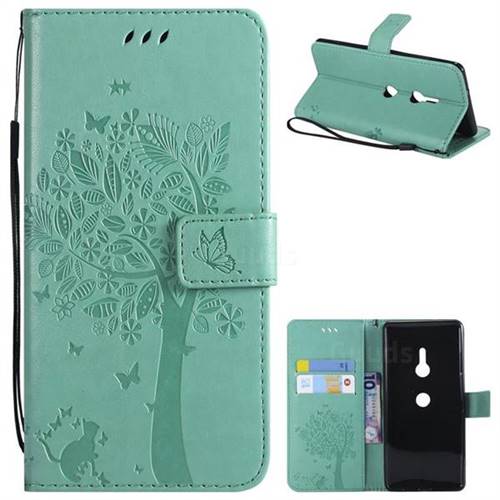 Embossing Butterfly Tree Leather Wallet Case for Sony Xperia XZ3 - Cyan